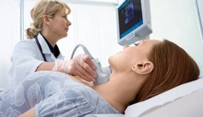 A patient receives a thyroid ultrasound to confirm a cancer diagnosis.
